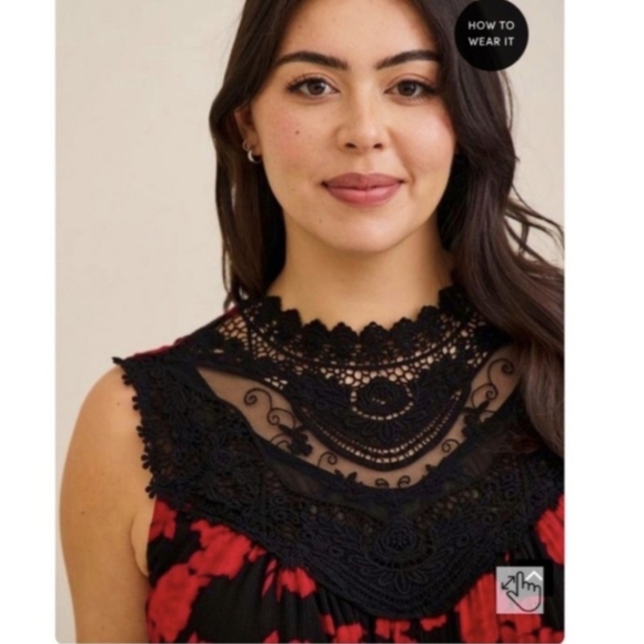 NWT Torrid Black and Red Floral Crinkle Gauze Crochet Dress - Picture 3 of 14